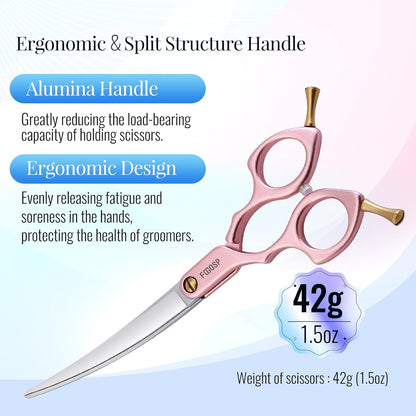 Professional Left Handed Curved Dog Grooming Scissors with Sharper Self Grinding lightweight and finely trimmed split structure 6.5'' Japan VG10 63HRC for small dogs cat pet(Pink)