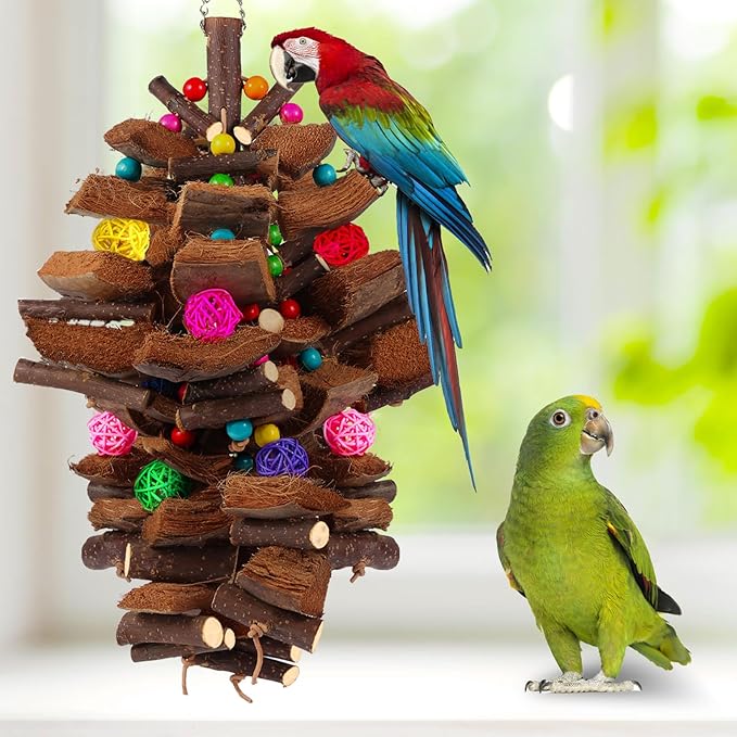Kyouki Bird Toy for Parrots，Cockatiels, Budgies, Conures, Macaws, Lovebirds, Amazons and Other Small/Medium/Large Birds - Chewable & Shreddable Natural Coconut Husk Enrichment Toy (Large)