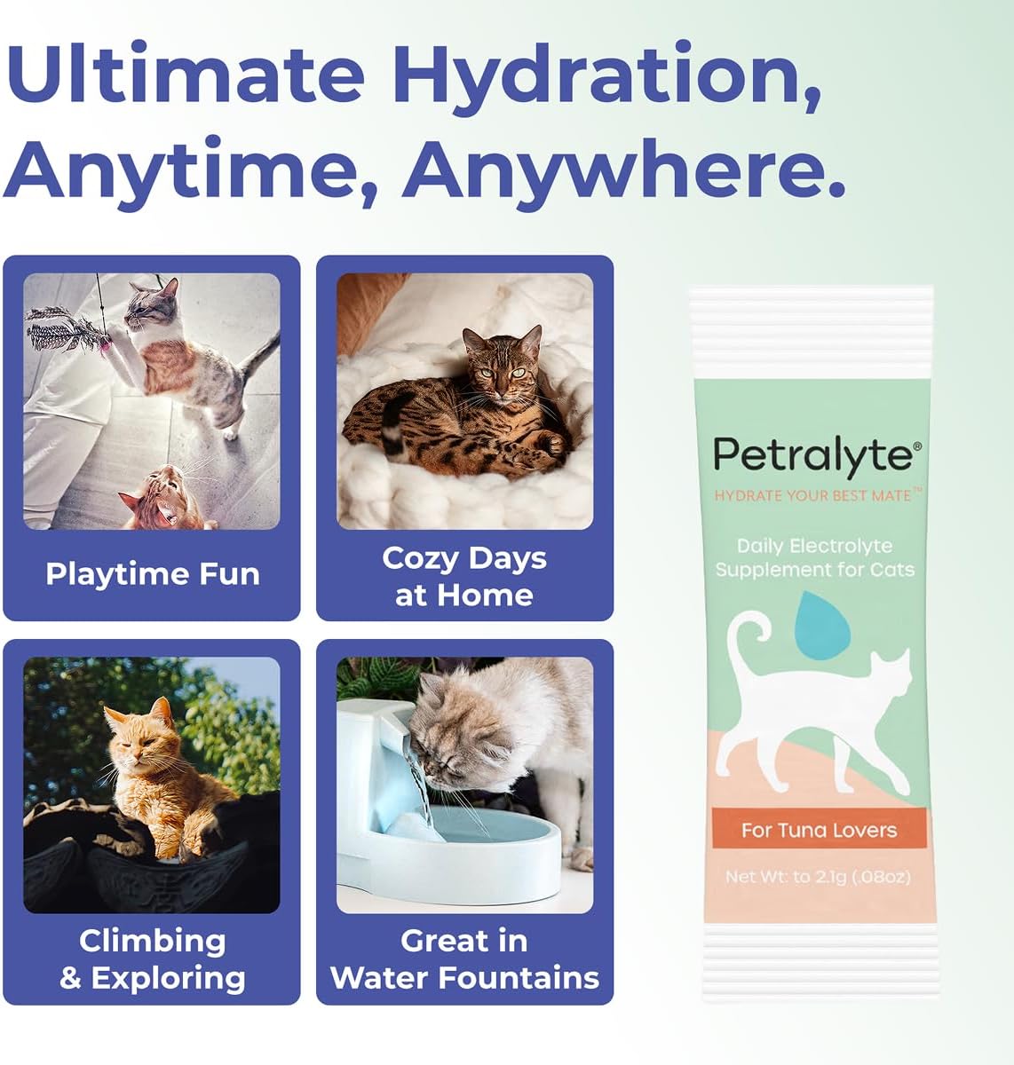 Petralyte Cat Hydration Electrolyte and Cat Joint Supplement | Hydration Support for Cats w/Glucosamine, Chondroitin, L-Glutamine, Taurine, Lysine & Prebiotics | for Tuna Lovers | 32 Packets