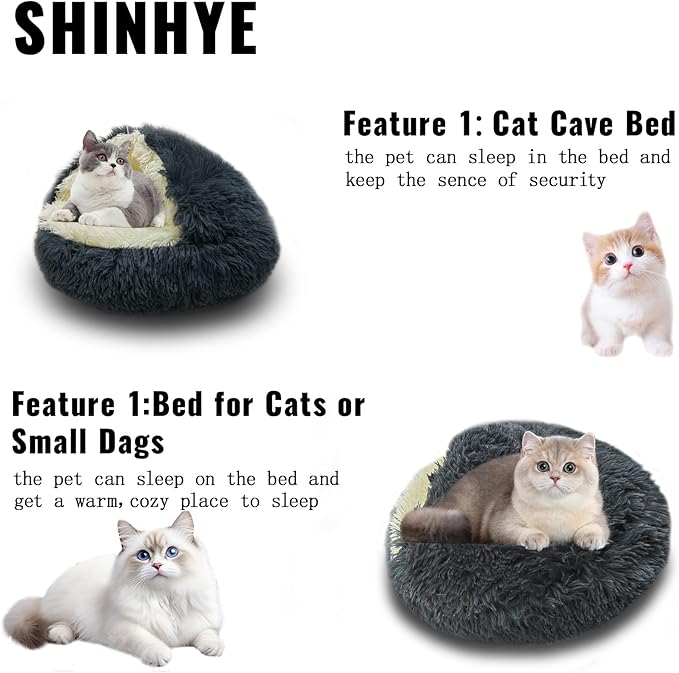 ShinHye Cat Bed Round Plush Fluffy Hooded Cat Bed Cave, Cozy for Indoor Cats or Small Dog beds, Soothing Pet Beds Doughnut Calm Anti-nxiety Dog Bed - Waterproof Bottom Washable (23×23inch, Dark Grey)