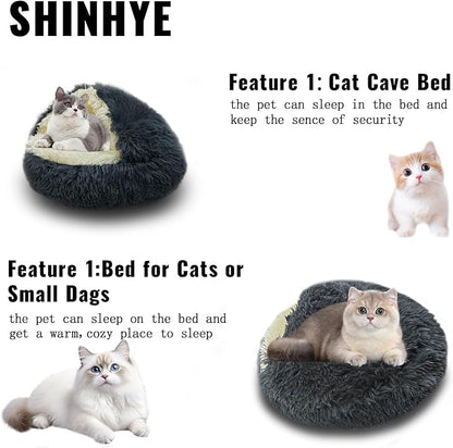 ShinHye Cat Bed Round Plush Fluffy Hooded Cat Bed Cave, Cozy for Indoor Cats or Small Dog beds, Soothing Pet Beds Doughnut Calm Anti-nxiety Dog Bed - Waterproof Bottom Washable (23×23inch, Dark Grey)