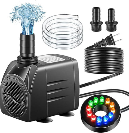 Submersible Pump, Small Fountain Pump with Tubing, Submersible Water Pump for Aquarium Fish Tank Indoor or Outdoor Pond Fountain Hydroponics Statuary (25W 400GPH, With Led Light)