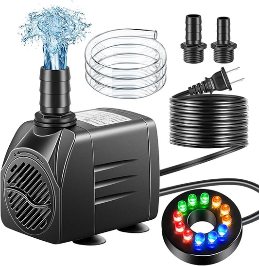 Submersible Pump, Small Fountain Pump with Tubing, Submersible Water Pump for Aquarium Fish Tank Indoor or Outdoor Pond Fountain Hydroponics Statuary (25W 400GPH, With Led Light)