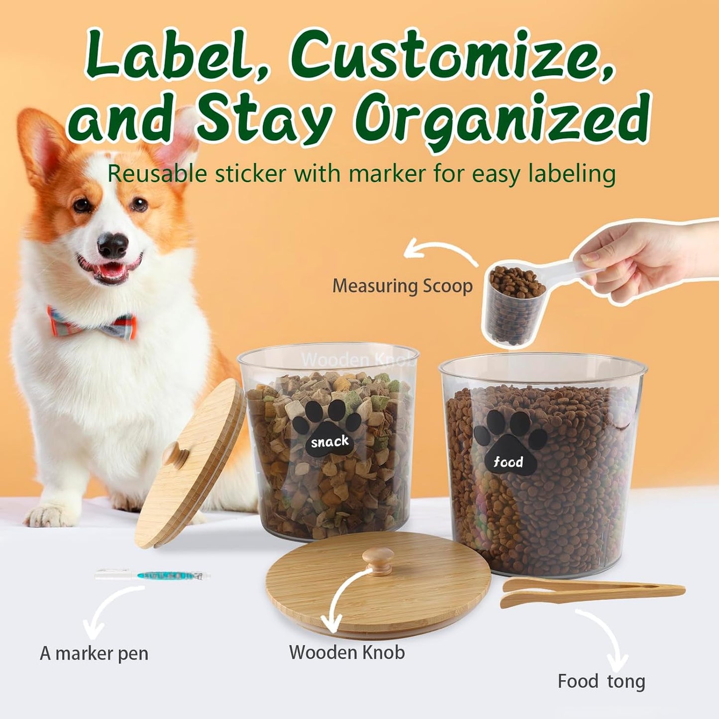 2 Pack Airtight Dog Treat Container,85oz Dog Cat Food Storage Container with Bamboo Lids,Puppy Cookie Jar,Up to 5~6LB,Pet Treat Canister with Scoops,Food Tong,Pen-Round