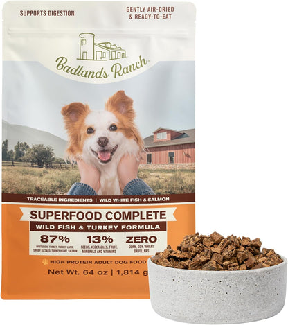 BADLANDS RANCH - Superfood Complete, Air-Dried Adult Dog Food - High Protein, Zero Fillers, Superfood Nutrition by Katherine Heigl (64 oz., Wild Fish and Turkey Formula)