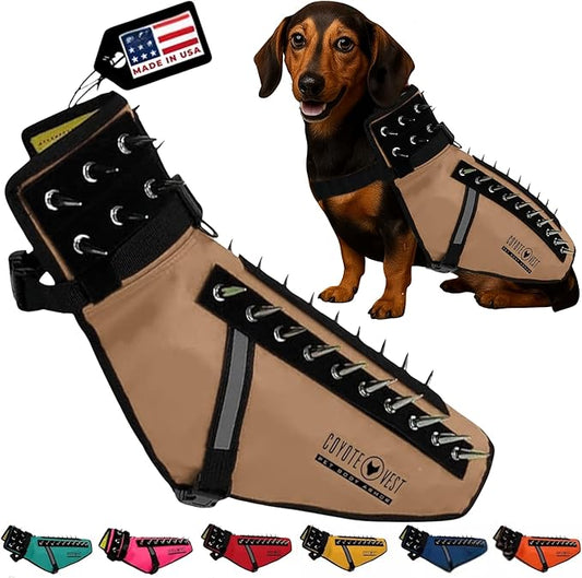 CoyoteVest Dog Harness Protection Vest, Reflective Dog Accessories with Spikes to Shield Your Pet from Raptor and Animal Attacks, Proudly Made in America (Small, Texas Tan)