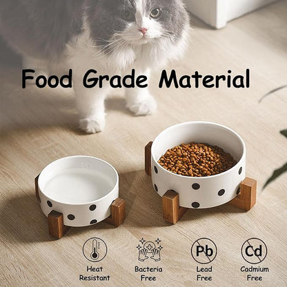Petygooing Ceramic Dog Bowl Set with Stand - Cat & Dog Food and Water Bowl, Medium Size - Anti-Slip, 28 OZ / 3.6 Cups, Black Dot