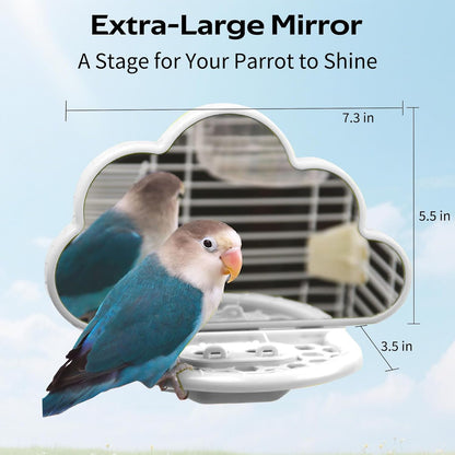 Bird Mirror with Perch & Slow Feeder – Interactive Bird Toy, Birds Cage Accessories for Parakeet, Budgies, Cockatiels, Conures, Lovebird, Finches & Canary – Relieve Boredom-White