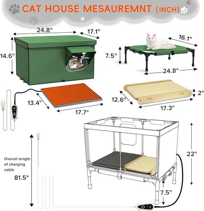 4-in-1 Heated Cat House for Outside with Heating Pad, Scratching Bed and Elevated Bed, Waterproof Windproof TPU Rain Cover, Large Cat Winter House Outdoor