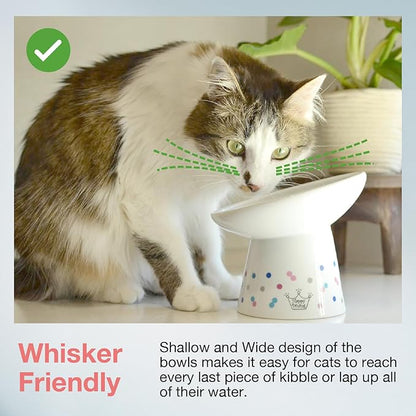 Necoichi Raised Cat Food Bowl – Ceramic Elevated 15° Tilted Cat Bowl for Whisker & Neck Fatigue Dishwasher Microwave Safe – Non-Slip Anti Vomiting Ergonomic Design (Colorful Dots, Extra Wide Tilted)