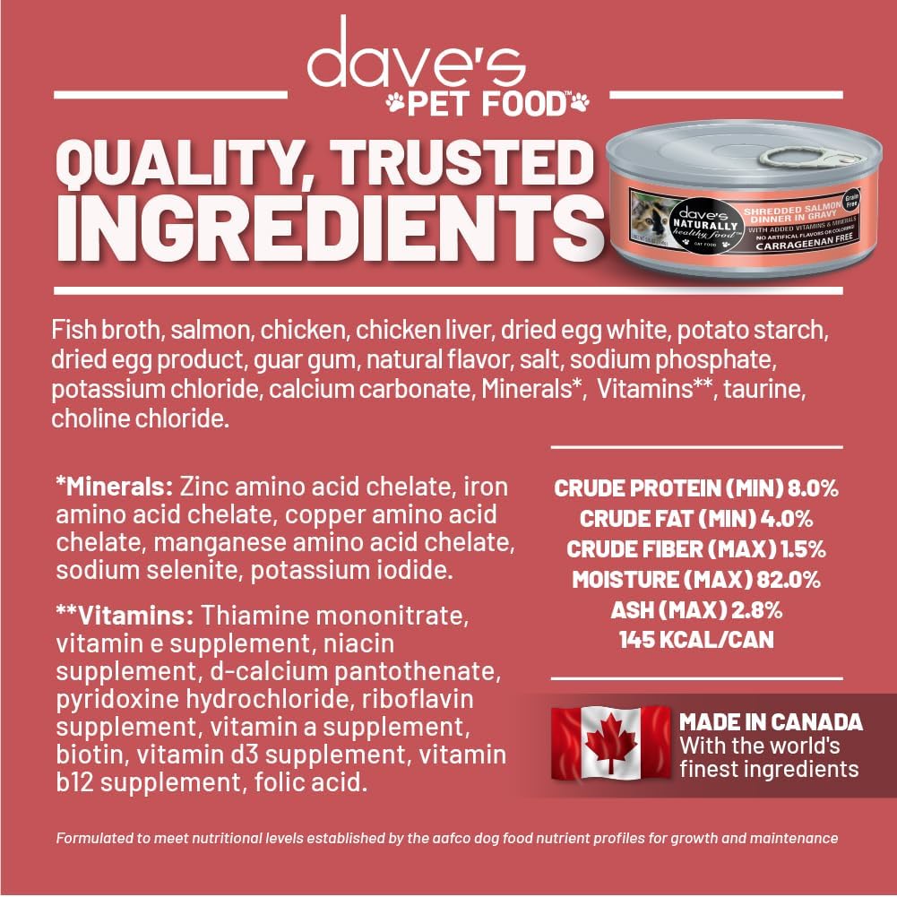 Dave's Pet Food Grain Free Wet Cat Food (Shredded Salmon in Gravy), Made in Canada Naturally Healthy Canned Cat Food, Added Vitamins & Minerals, Wheat, GMO & Gluten-Free, 5.5 oz (24 Pack)