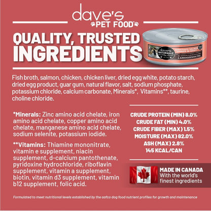 Dave's Pet Food Grain Free Wet Cat Food (Shredded Salmon in Gravy), Made in Canada Naturally Healthy Canned Cat Food, Added Vitamins & Minerals, Wheat, GMO & Gluten-Free, 5.5 oz (24 Pack)