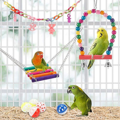 Swing Hanging Standing Chewing Toy Hammock Climbing Ladder, Cage Colorful Toys Suitable for Budgerigar, Parakeet, Conure, Cockatiel, Mynah, Love Birds, Finches