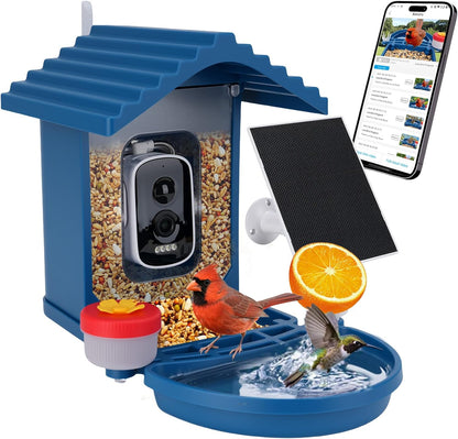 Bird Feeder with Camera Solar Powered,2.5K HD Video Bird House Live View,Smart AI Bird Species Identification for Outside Garden,Birds Bath,Ideal Gift for Birds Lover,Hummingbird (Blue)