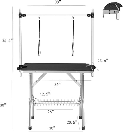 36" Dog Grooming Table Foldable Pet Grooming Tables with Adjustable Arm Noose Storage Mesh Tray Maximum Capacity Up to 330lbs Black
