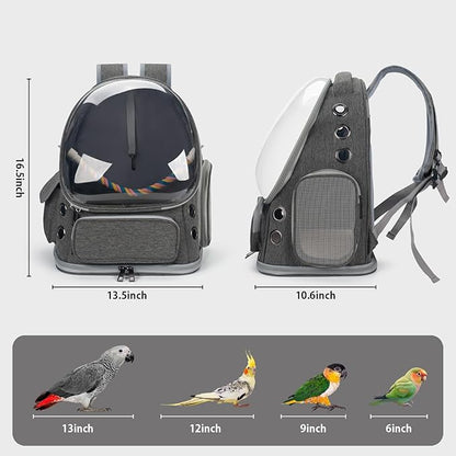 Bird Backpack Carrier Travel Cage with Perch, Tray and Breathable Clear Window, Bird Travel Cage for Cockatiel Caique Conure Quaker, for Vetting Camping Hiking (Grey)