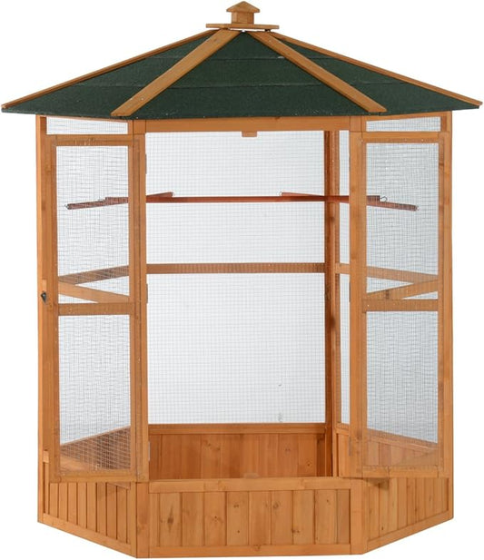 PawHut 69" Large Wooden Hexagonal Outdoor Aviary Flight Bird Cage with Covered Roof, Brown