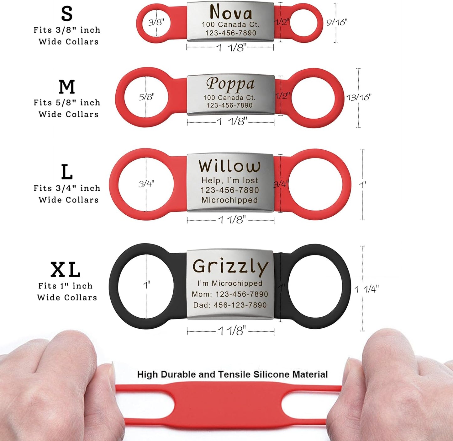 Anavia Slide On Silent Pet ID Tags, S/M/L/XL Personalized Multi-Color Silicone Band Cat Dog Name Tags, Customized Engraved Stainless Steel, Chew-Proof Quiet Dog Collar Tags (Small, Black)