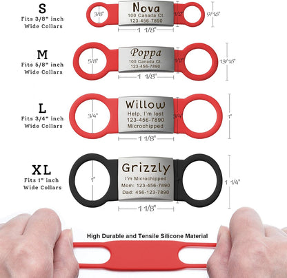 Anavia Slide On Silent Pet ID Tags, S/M/L/XL Personalized Multi-Color Silicone Band Cat Dog Name Tags, Customized Engraved Stainless Steel, Chew-Proof Quiet Dog Collar Tags (Medium, Red)
