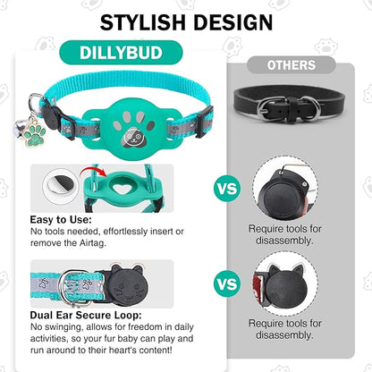 Airtag Cat Collar Breakaway, Reflective Kitten Collar with Bell and Apple Air Tag Holder, GPS Cute Cat Collar, Glow in The Dark Pet Collars for Boy Girl Cats, Kittens, Puppies, Aqua