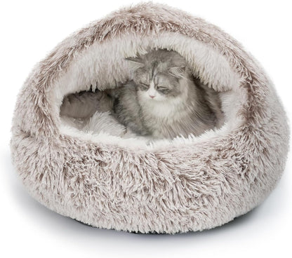 CATISM Cat Bed, Plush Hooded Cat Beds for Indoor Cats, Self Warming Cats Beds Cave, Cozy Pod for Indoor Kitten or Small Dog, Removable Washable with Non-Slip Bottom