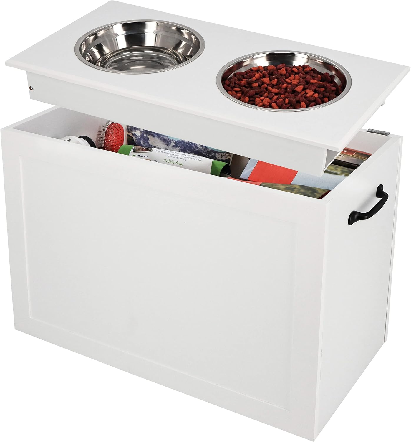 Elevated Dog Bowl with Storage, White Tall Feeder - Raised Dog Bowl Stand Large Feeding Station with 2 Pet Bowls