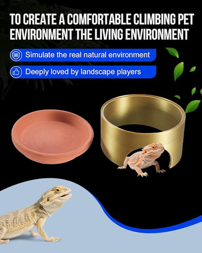 Reptile Water Bowl with Cooling System, Terracotta and 3D Printed Plastic, Climbing Pet Habitat for Lizards and Small Reptiles Shelter