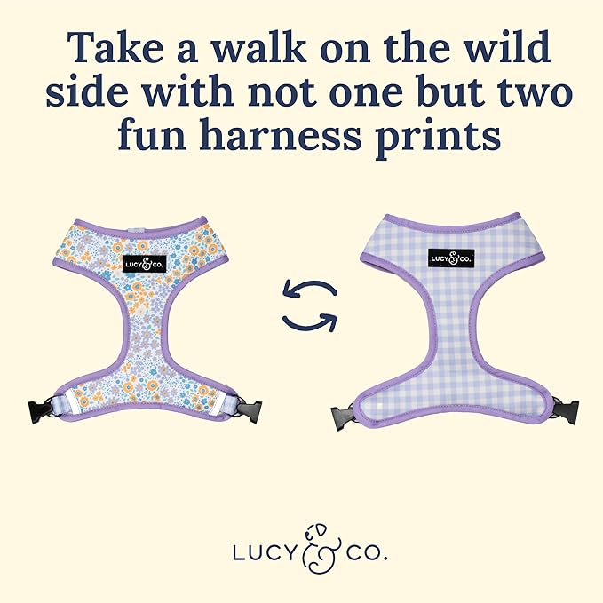 Lucy & Co. Cute Reversible Dog Harness Walking Halter - Best Designer Pet Harnesses for XS - XL Dogs - Padded Adjustable Vest for Easy Walking (Medium, Among The Wildflowers - Purple Floral)