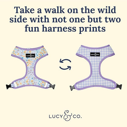 Lucy & Co. Cute Reversible Dog Harness Walking Halter - Best Designer Pet Harnesses for XS - XL Dogs - Padded Adjustable Vest for Easy Walking (Small, Among The Wildflowers - Purple Floral)