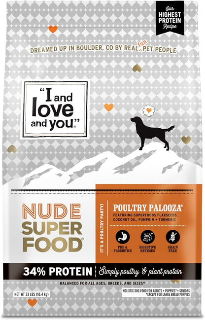 I and love and you Nude Super Food Dry Dog Food - Turkey + Chicken - Prebiotic + Probiotic, Grain Free, Real Meat, No Fillers, 23lb Bag