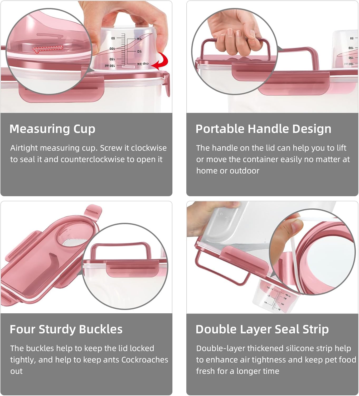 2Pack Cat Dog Food Storage Container with Upgraded Large Nozzle BPA-free, 3+5lbs Plastic Pet Food Containers with 4 Sealed Clasps/1 Measuring Cup/Handle Easy to Clean and Carry (Clear Pink)