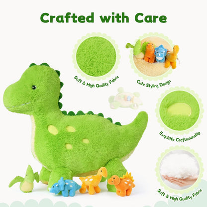 Tezituor Cute Dinosaur Stuffed Animal with 4 Baby,Dinosaurs Plush Toys,Mommy Dinosaurs,3 Baby, Large Dino Plushies Gifts for Girls Boys Kids Christmas Easter Birthday Children's Day, Green
