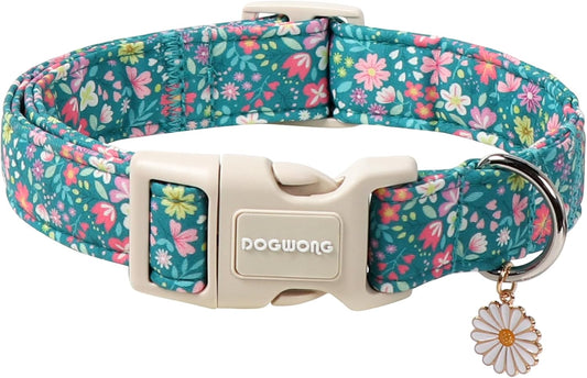 DOGWONG Blue Flower Dog Collar, Purple Daisy Dog Collar Adjustable Soft Fabric Girl Pet Dog Collars Cute Puppy Necklace for Small Medium Large Dogs