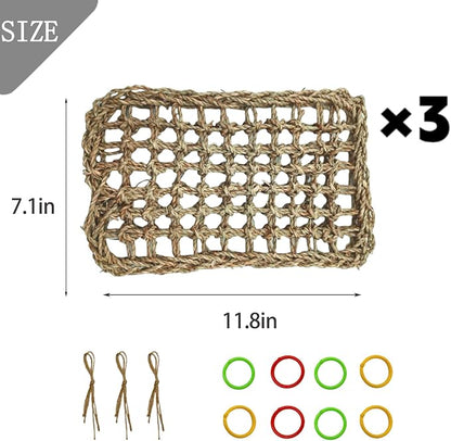 Tfwadmx Large Bird Seagrass Hammock, 3Pcs 7x11.8in Seagrass Mat for Birds, Hanging Parrot Toys, Counre House Hut Hideout for Parakeets, Lovebirds, Budgies, Cockatiels