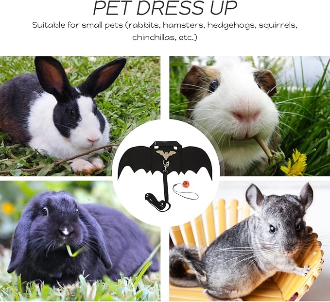 Bunny Harness and Leash Set with Bell - 3pcs Halloween Rabbit Pulling Bat Wings Pet Suit for Guinea Pig Hamster Small Animals Apparel Chest Strap Walking Training Traction Rope Vest