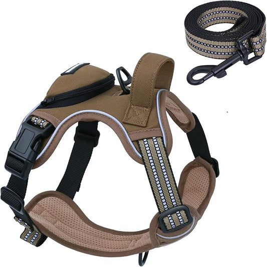 No Pull Dog Harness for Large Dogs, Adjustable No Choke Pet Vest with Dog Leash Fit Smart Reflective Pet Walking Harness for Training Easy Control Soft Handle Brown L