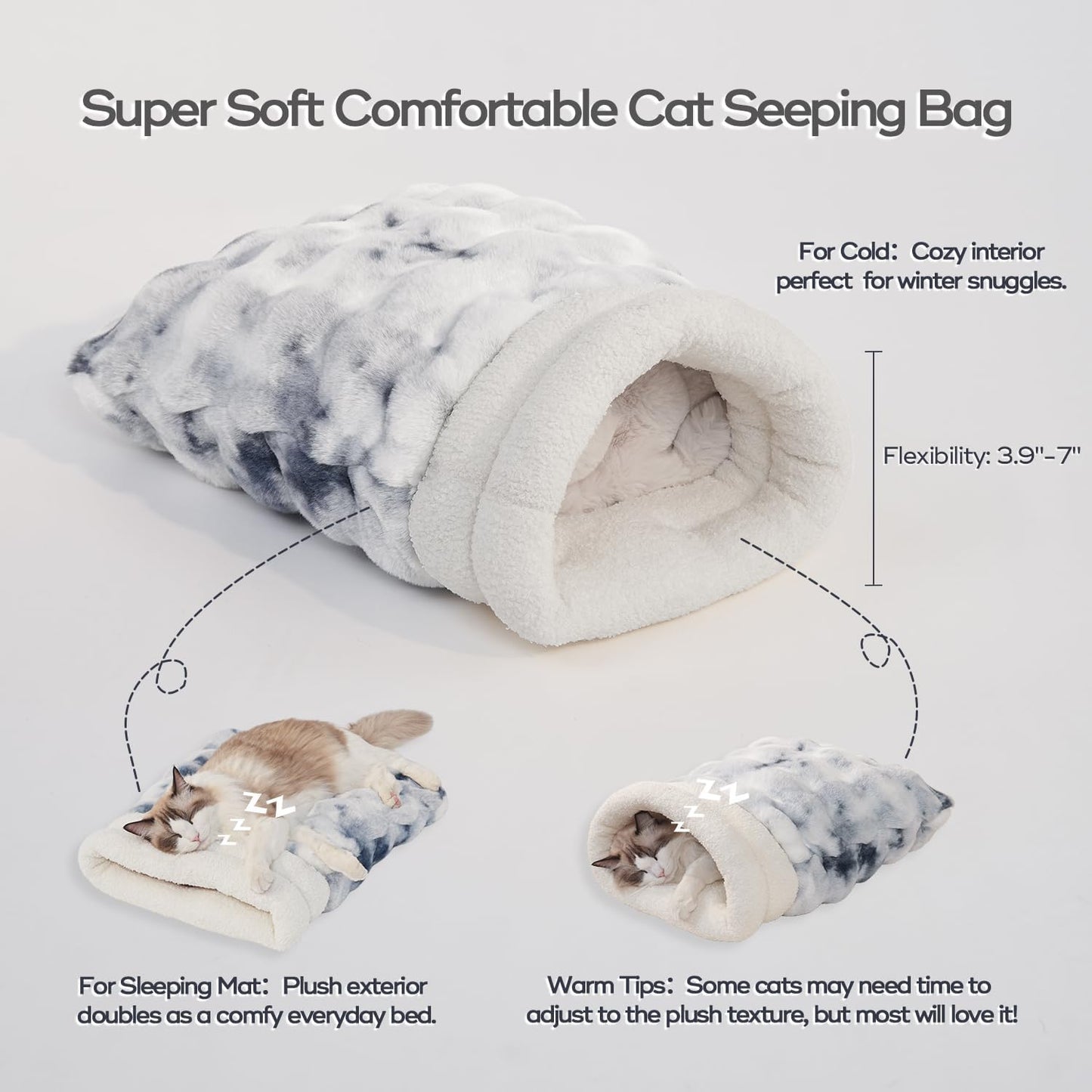 Cat Sleeping Bed for Indoor Cats Self Warming Cat Bag Fits up to 15 lbs Pets Soft Plush Warm Bed 360° Wrap Bag Washable Comfortable Pet Sleeping Bed 21" × 17" Blue White