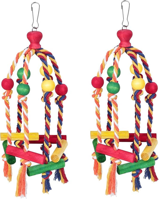 2PCS Dangly Rope Bird Toys，Medium and Small Birds Toys Multicolored Natural Wooden Bird Chewing Bird Cage Accessories for Parakeet Parrot Conure Cockatiel Budgies Lovebird Cage Toy