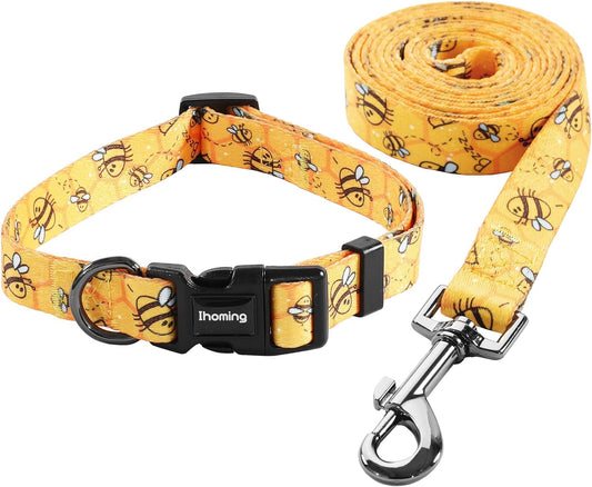 Ihoming Puppy Collar and Leash Set for Daily Outdoor Walking Running Training, Bee Design for Extra Small Boys Girls Dogs Cats Pets, XS-Up to 10LBS