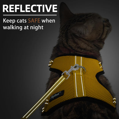 PUPTECK Cat Harness and Leash Set Escape Proof, Reflective Adjustable Soft Mesh Kitten Vest Harness for Walking Travel, Yellow, M