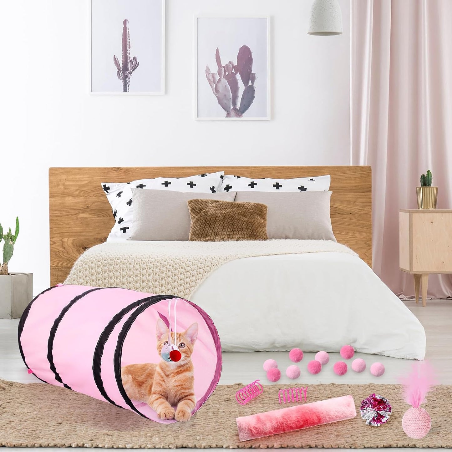 24 Pcs Cat Toys Set Interactive Kitten Toys Pack Including Collapsible Play Tunnel Feather Teaser Wand Fuzzy Ball Springs Pillow Mouse Bells for Indoor Cats Puppy (Pink)