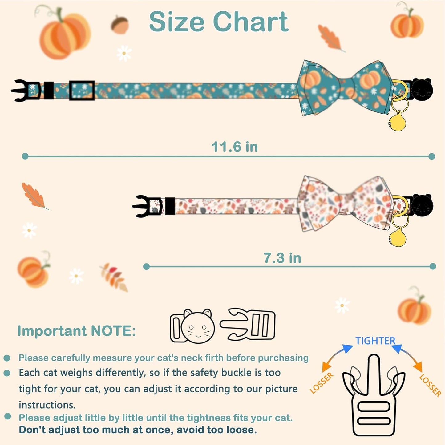 2 Pack Cotton Fall Cats Collar with Bow Tie Orange Green Cat Collars for Girl Female Boy Male Cat Collar with Bell Halloween Collars for Cats