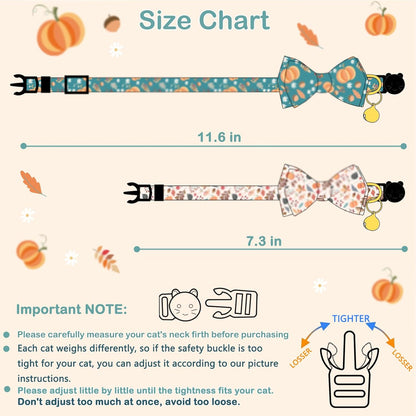 2 Pack Cotton Fall Cats Collar with Bow Tie Orange Green Cat Collars for Girl Female Boy Male Cat Collar with Bell Halloween Collars for Cats