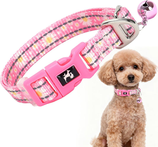 Small Dog Collar with Bell - Reflective Nylon Dog Collar for Small Breeds, Adjustable XXS/XS Tiny Chihuahua Pomeranian Yorkie Collar for Night Walks & Indoor Play（Daisy S）