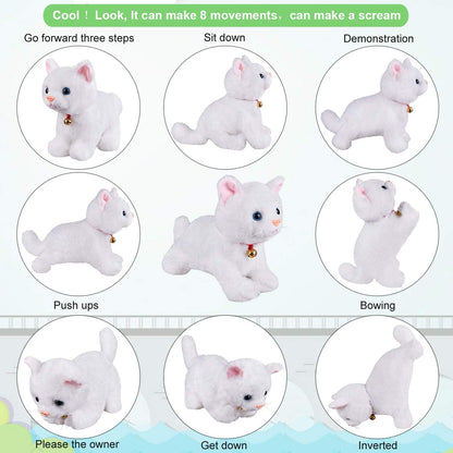 White Plush Cat Stuffed Animal Interactive Cat Robot, Robotic Cat Barking Meow Kitten Touch Control, Electronic Pet, Robot Kitty Toy, Animated Cat for Girl Baby Kid L:12" * H:8" *