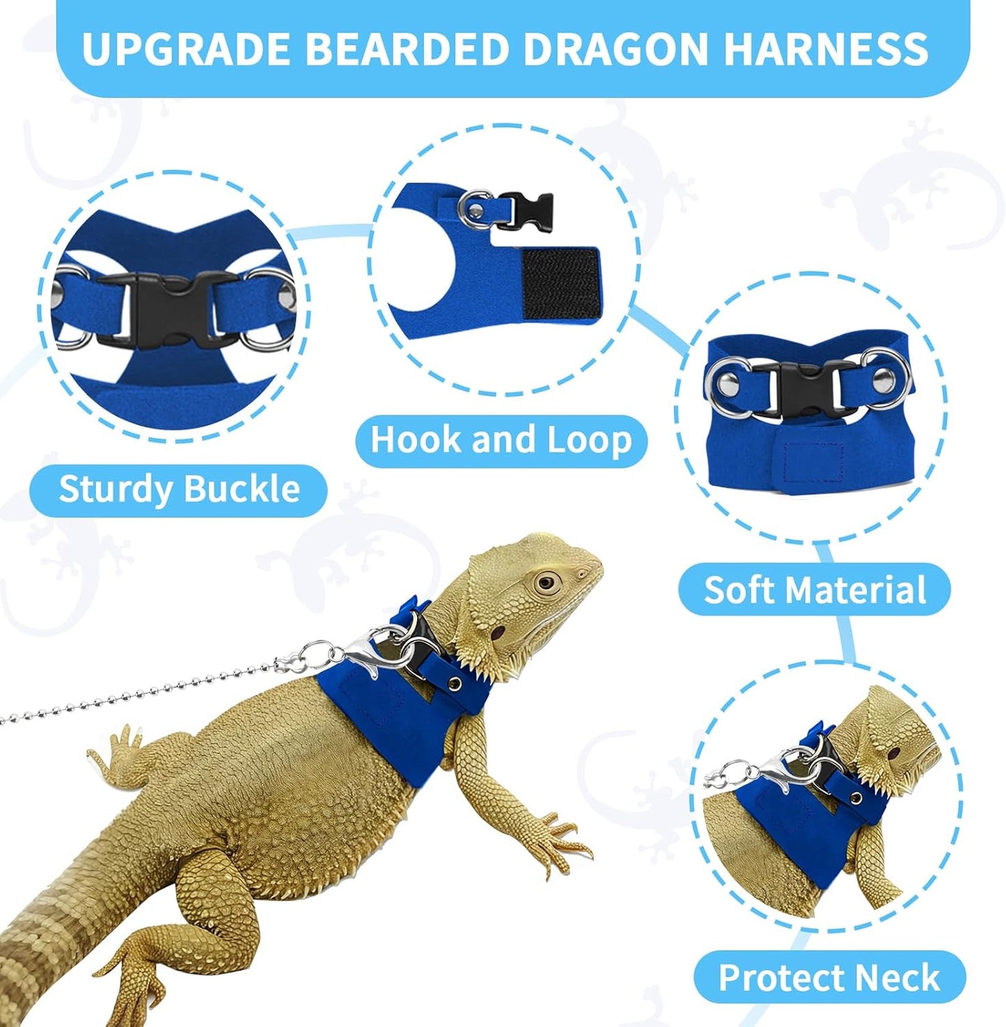 3 Pack Bearded Dragon Leash and Harness Set for Small Animals, 6.5FT Leash with 3 Sizes Adjustable Harness for Lizard Walking Adventure, Soft Vest Clothes for Squirrel Reptile Lovers -Blue