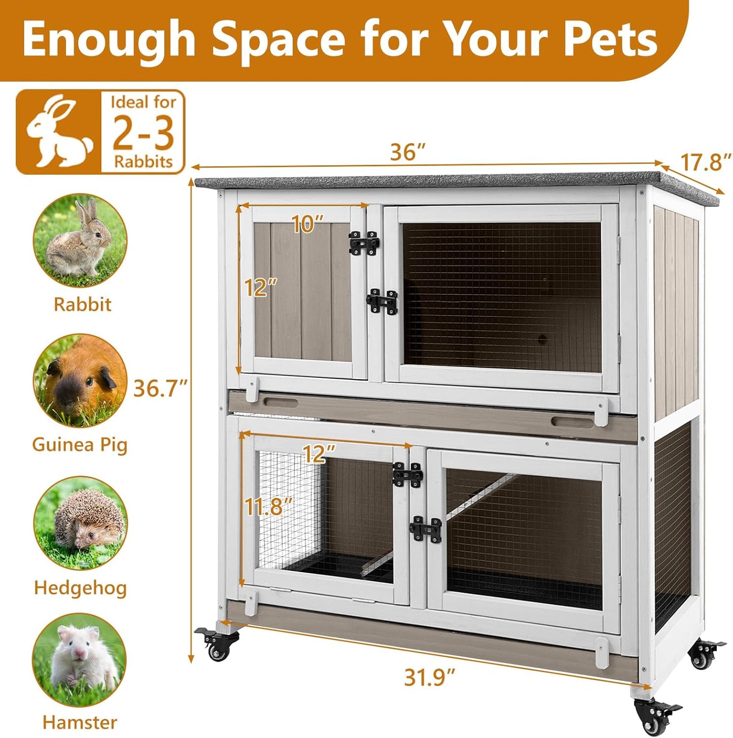2 Story Rabbit Hutch Indoor with 2 Deeper Pull-Out Trays, Wooden Rabbit Cage with 4 Lockable Wheels, Ramp, Chew-Anti Metal Strip for Rabbit, Guinea Pig, Hamster(36" L x 17.8" W x 36.7" H)