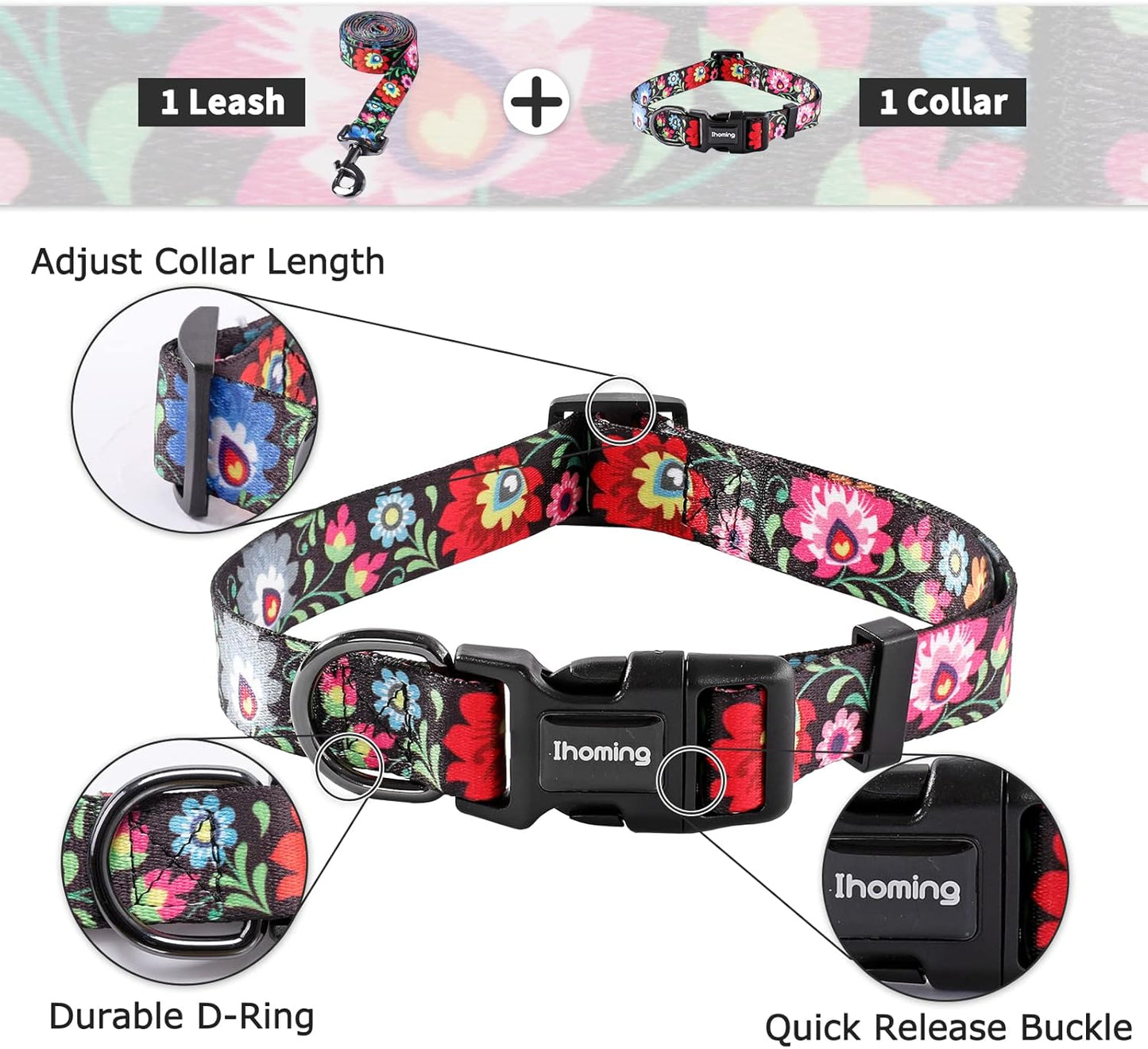 Ihoming Puppy Collar and Leash Set for Daily Outdoor Walking Running Training, Black Colorful Flowers Design for Extra Small Boys Girls Dogs Cats Pets, XS-Up to 10LBS