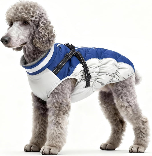 Dog Winter Coat with Harness, Dog Jacket, Pet Clothes with Zipper on Back, Waterproof Windproof Warm Vest, Reflective Cold Weather Coats, for Small Medium Large Dogs, Thick, Blue, L