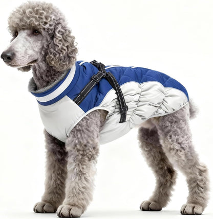 Dog Winter Coat with Harness, Dog Jacket, Pet Clothes with Zipper on Back, Waterproof Windproof Warm Vest, Reflective Cold Weather Coats, for Small Medium Large Dogs, Thick, Blue, M